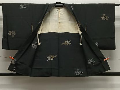 平和屋着物＃羽織　寿光織　草花文　黒地　金銀糸　正絹　逸品　CABH3236ua