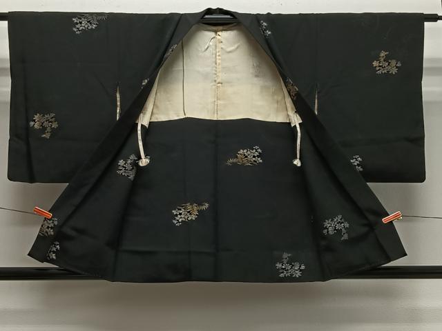 平和屋着物＃羽織　寿光織　草花文　黒地　金銀糸　正絹　逸品　CABH3236ua