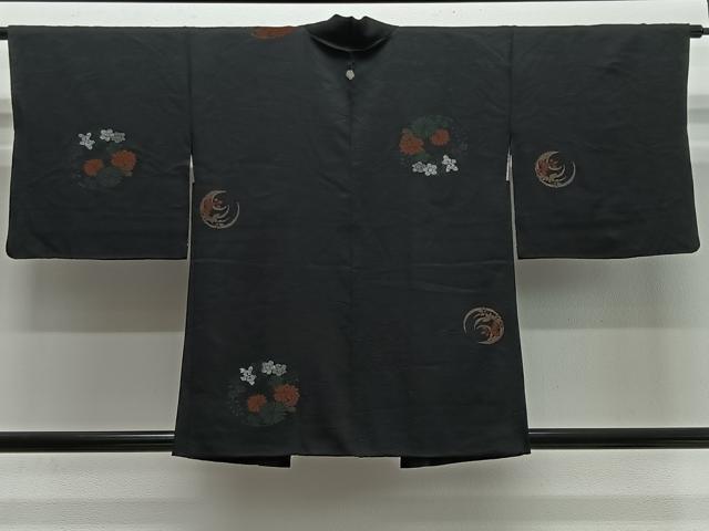 平和屋着物＃羽織　花丸文　黒地　銀糸　正絹　逸品　CABH3241ua