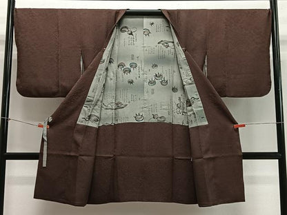 平和屋着物＃道行コート　草花地紋　黒茶色　ロング丈　正絹　逸品　CABH3242ua
