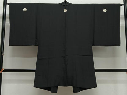 平和屋着物＃男性　長羽織　単衣　黒紋付　正絹　逸品　CABH3251ua