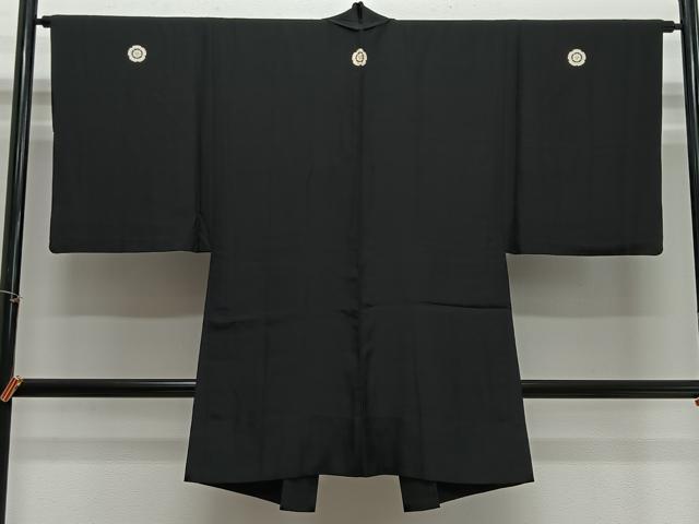平和屋着物＃男性　長羽織　単衣　黒紋付　正絹　逸品　CABH3251ua