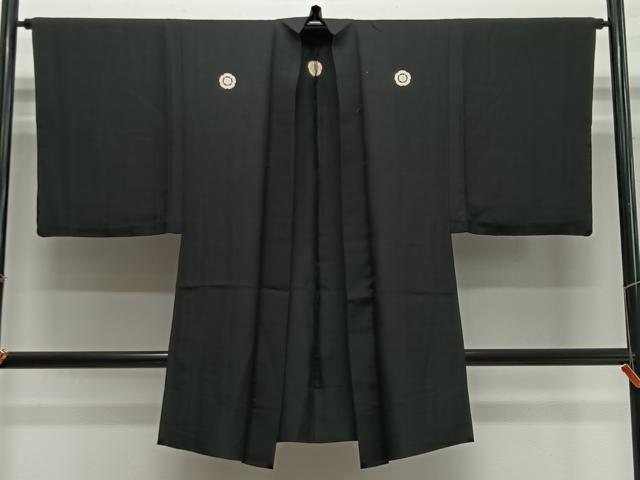 平和屋着物＃男性　長羽織　単衣　黒紋付　正絹　逸品　CABH3251ua