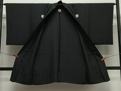 平和屋着物＃男性　長羽織　単衣　黒紋付　正絹　逸品　CABH3251ua