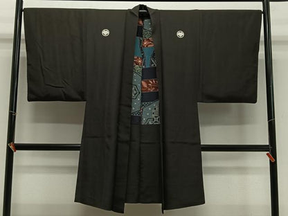 平和屋着物＃男性　長羽織　黒紋付　正絹　逸品　CABH3254ua
