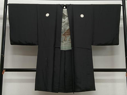 平和屋着物＃男性　長羽織　黒紋付　正絹　逸品　CABH3255ua