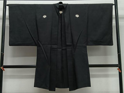平和屋着物＃男性　長羽織　単衣　黒紋付　正絹　逸品　CABH3257ua