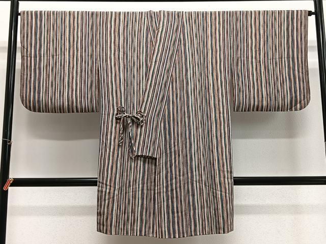 平和屋着物＃道中着　縞　鬼しぼ縮緬　ロング丈　正絹　逸品　CABH3271ua