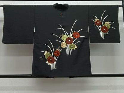 平和屋着物＃中国三大刺繍　相良刺繍　総刺繍　羽織　草花文　黒地　正絹　逸品　CABH3275ua