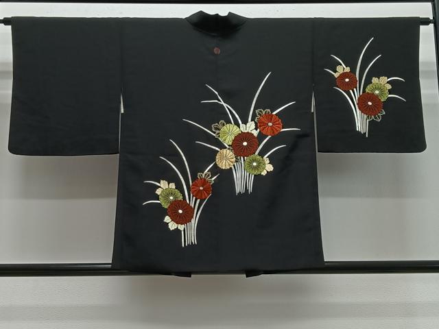 平和屋着物＃中国三大刺繍　相良刺繍　総刺繍　羽織　草花文　黒地　正絹　逸品　CABH3275ua