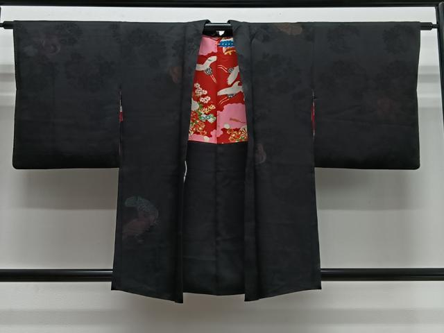 平和屋着物∞羽織　寿光織　花鳥文　黒地　金銀糸　正絹　逸品　CABH326ua