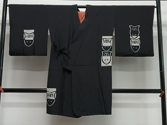 平和屋着物∞道中着　フクロウ　黒地　ロング丈　正絹　逸品　CABH3288ua