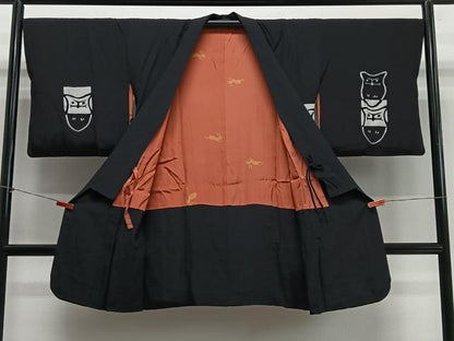平和屋着物∞道中着　フクロウ　黒地　ロング丈　正絹　逸品　CABH3288ua