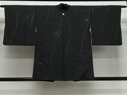 平和屋着物∞羽織　寿光織　枝葉文　黒地　金銀糸　正絹　逸品　CABH3289ua