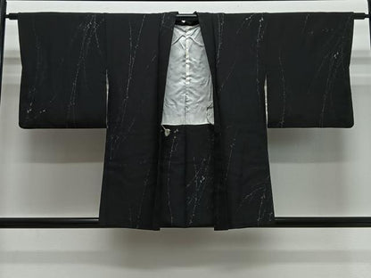 平和屋着物∞羽織　寿光織　枝葉文　黒地　金銀糸　正絹　逸品　CABH3289ua