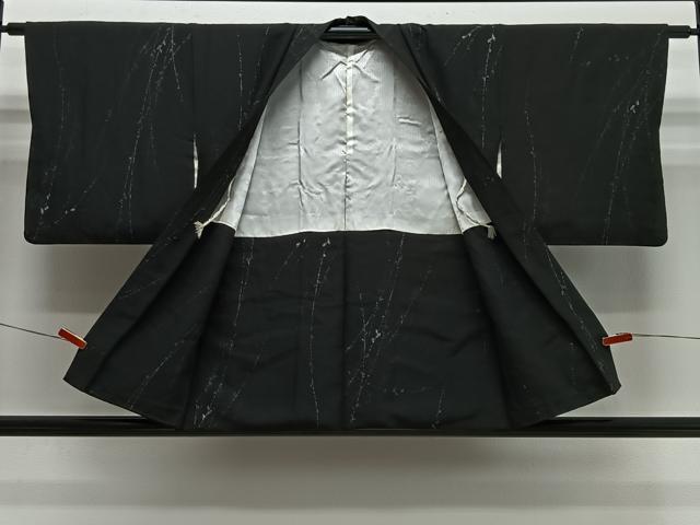 平和屋着物∞羽織　寿光織　枝葉文　黒地　金銀糸　正絹　逸品　CABH3289ua