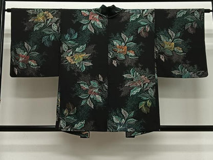 平和屋着物＃羽織　寿光織　草花文　黒地　金銀糸　正絹　逸品　CABH3303ua