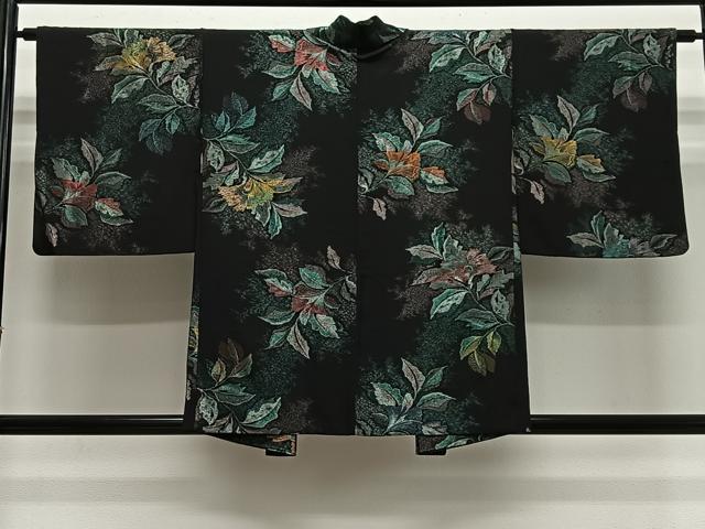 平和屋着物＃羽織　寿光織　草花文　黒地　金銀糸　正絹　逸品　CABH3303ua