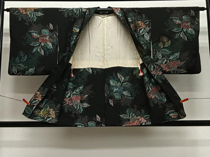 平和屋着物＃羽織　寿光織　草花文　黒地　金銀糸　正絹　逸品　CABH3303ua