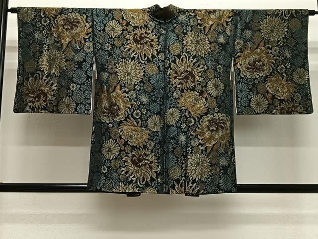 平和屋着物＃羽織　寿光織　草花文　乱菊　黒地　金銀糸　正絹　逸品　CABH3304ua