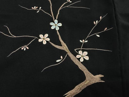 平和屋着物＃羽織　総刺繍　枝花文　黒地　正絹　逸品　CABH3311ua