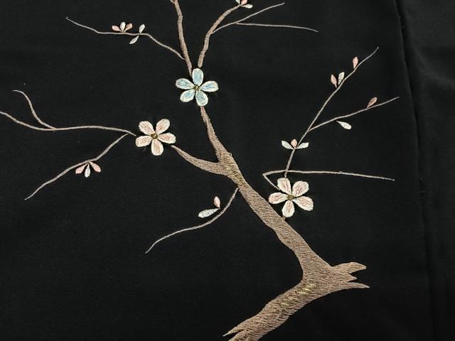平和屋着物＃羽織　総刺繍　枝花文　黒地　正絹　逸品　CABH3311ua