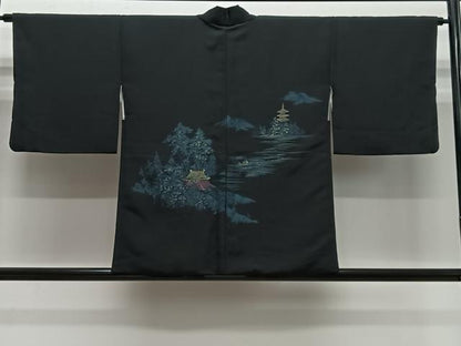 平和屋着物＃羽織　寿光織　風景文　黒地　金糸　正絹　逸品　CABH3315ua