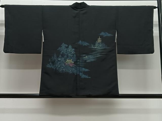 平和屋着物＃羽織　寿光織　風景文　黒地　金糸　正絹　逸品　CABH3315ua