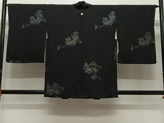 平和屋着物＃羽織　寿光織　枝葉文　黒地　金糸　正絹　逸品　CABH3319ua