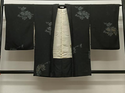 平和屋着物＃羽織　寿光織　枝葉文　黒地　金糸　正絹　逸品　CABH3319ua