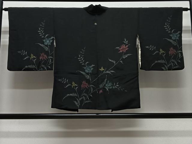 平和屋着物＃羽織　寿光織　草花文　黒地　金糸　正絹　逸品　CABH3320ua