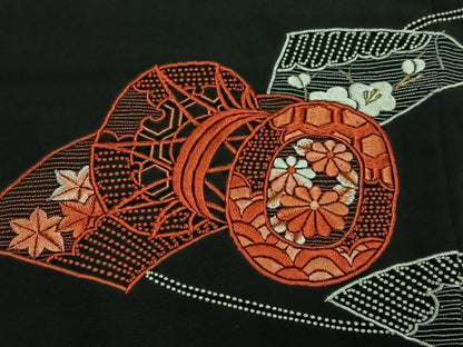 平和屋着物＃中国三大刺繍　相良刺繍　羽織　総刺繍　鼓花文　黒地　正絹　逸品　CABH3323ua