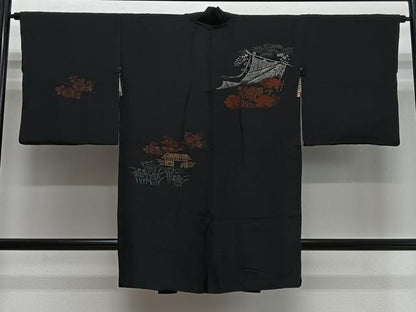 平和屋着物＃長羽織　寿光織　風景花文　黒地　金糸　正絹　逸品　CABH3324ua