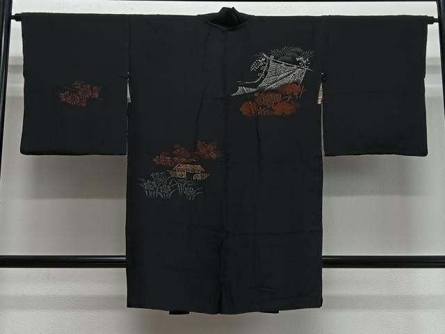 平和屋着物＃長羽織　寿光織　風景花文　黒地　金糸　正絹　逸品　CABH3324ua