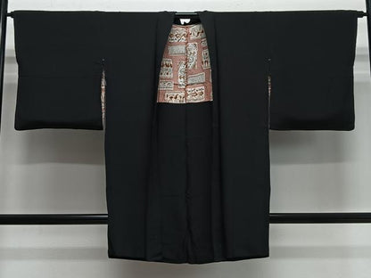 平和屋着物＃長羽織　寿光織　風景花文　黒地　金糸　正絹　逸品　CABH3324ua