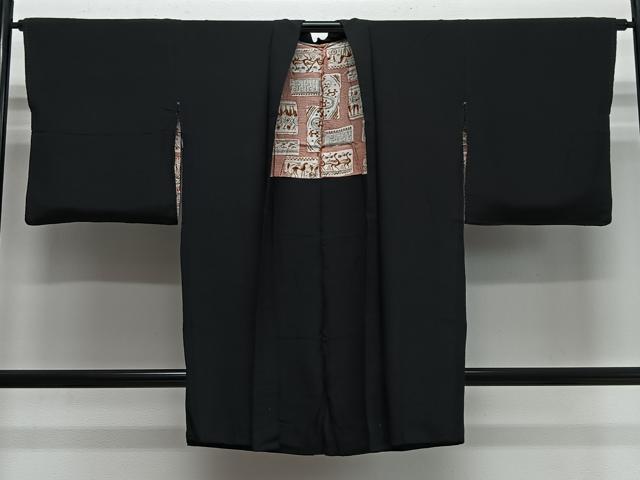 平和屋着物＃長羽織　寿光織　風景花文　黒地　金糸　正絹　逸品　CABH3324ua