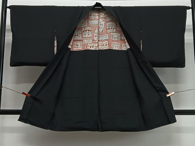 平和屋着物＃長羽織　寿光織　風景花文　黒地　金糸　正絹　逸品　CABH3324ua