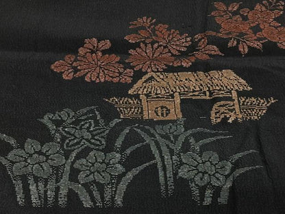 平和屋着物＃長羽織　寿光織　風景花文　黒地　金糸　正絹　逸品　CABH3324ua