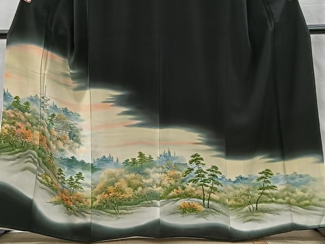 平和屋着物■豪華黒留袖　手描き　風景文　暈し染め　正絹　逸品　CABH3370ua