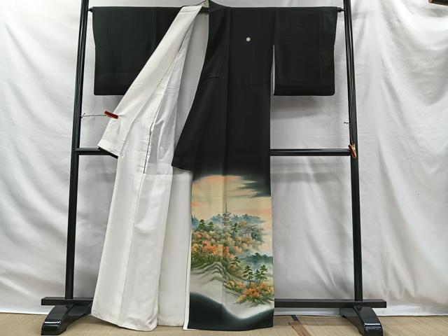 平和屋着物■豪華黒留袖　手描き　風景文　暈し染め　正絹　逸品　CABH3370ua