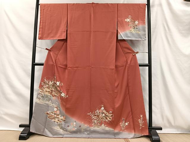平和屋着物■訪問着　エ霞草花文　暈し染め　金銀糸　正絹　逸品　CABH3376ua
