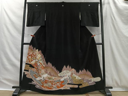 平和屋着物■豪華黒留袖　駒刺繍　御所車飛鶴花文　金彩　正絹　逸品　CABH3395ua