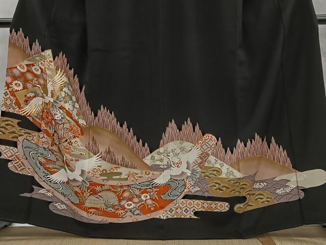 平和屋着物■豪華黒留袖　駒刺繍　御所車飛鶴花文　金彩　正絹　逸品　CABH3395ua