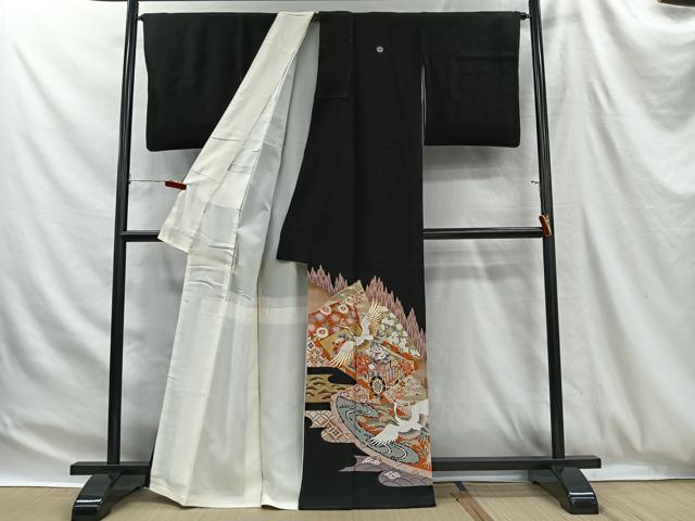 平和屋着物■豪華黒留袖　駒刺繍　御所車飛鶴花文　金彩　正絹　逸品　CABH3395ua