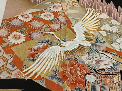 平和屋着物■豪華黒留袖　駒刺繍　御所車飛鶴花文　金彩　正絹　逸品　CABH3395ua