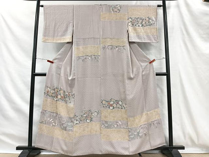 平和屋着物■訪問着　手描き　絞り　横段草花文　金銀彩　正絹　逸品　CABH3403ua