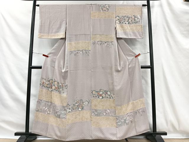 平和屋着物■訪問着　手描き　絞り　横段草花文　金銀彩　正絹　逸品　CABH3403ua