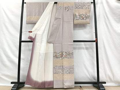 平和屋着物■訪問着　手描き　絞り　横段草花文　金銀彩　正絹　逸品　CABH3403ua