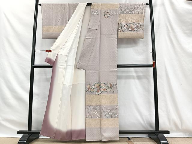 平和屋着物■訪問着　手描き　絞り　横段草花文　金銀彩　正絹　逸品　CABH3403ua