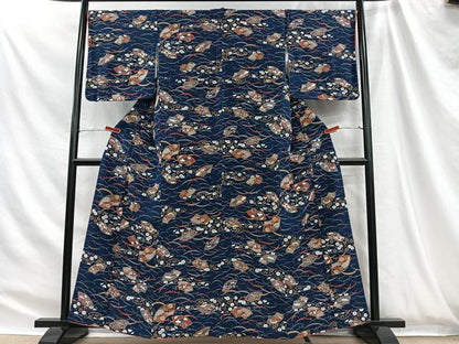 平和屋着物■上質な小紋　エ霞地紙草花文　金彩　鬼しぼ縮緬　正絹　逸品　CABH3433ua